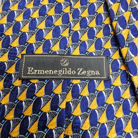 Ermenegildo Zegna Exclusive Design Tie Blue Gold Geometric Silk Necktie‎ Italy - Picture 8 of 12